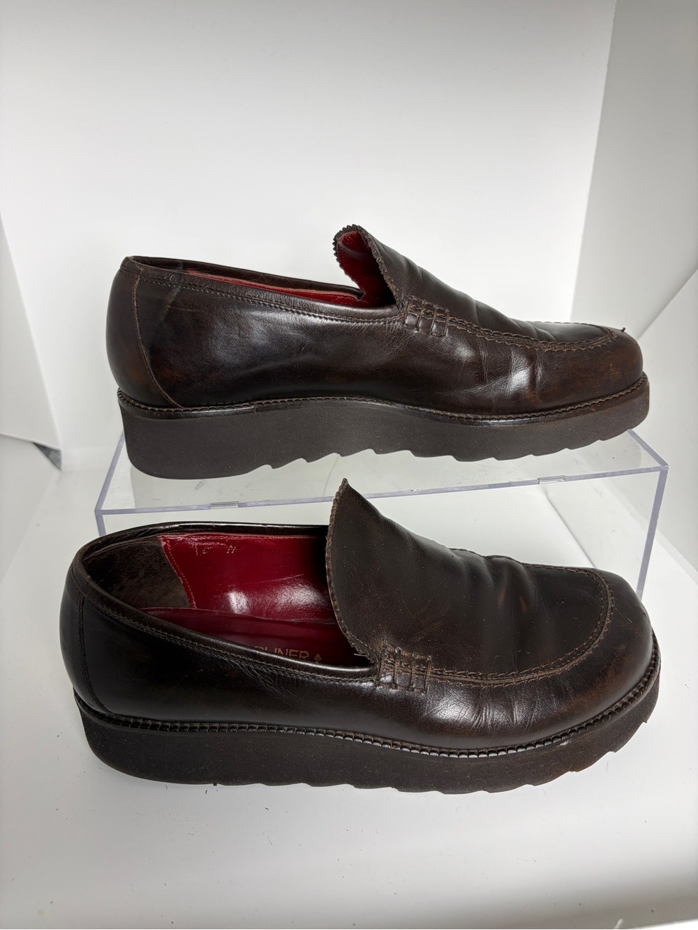 VTG Donald J. Pliner Leather Slip-On Platform Loafers in Brown; Size 8M